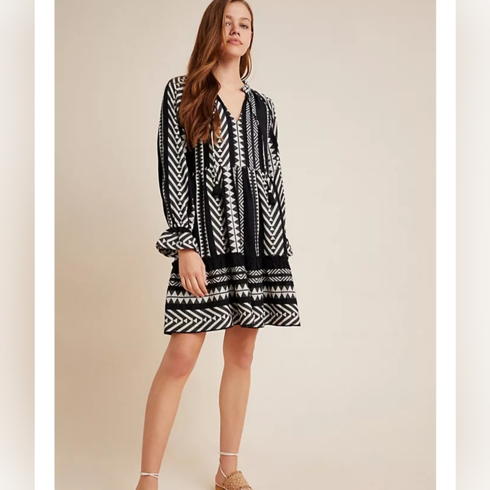 Anthropologie Black and White Geometric Long Sleeve Dress
